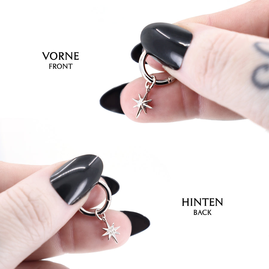 Creolen mit feinem Nordstern Anhänger aus 925 Silber, wunderschöne Stern Ohrringe, Gothic und alternativer Schmuck, elegante Ohrringe mit Stern-Design für Damen von Pour la Rebelle