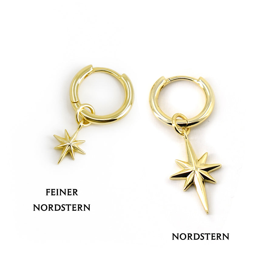 Creolen mit feinem Nordstern Anhänger aus 14K vergoldetem 925 Silber, wunderschöne Stern Ohrringe, Gothic und alternativer Schmuck, elegante Ohrringe in Gold mit Stern-Design für Damen von Pour la Rebelle