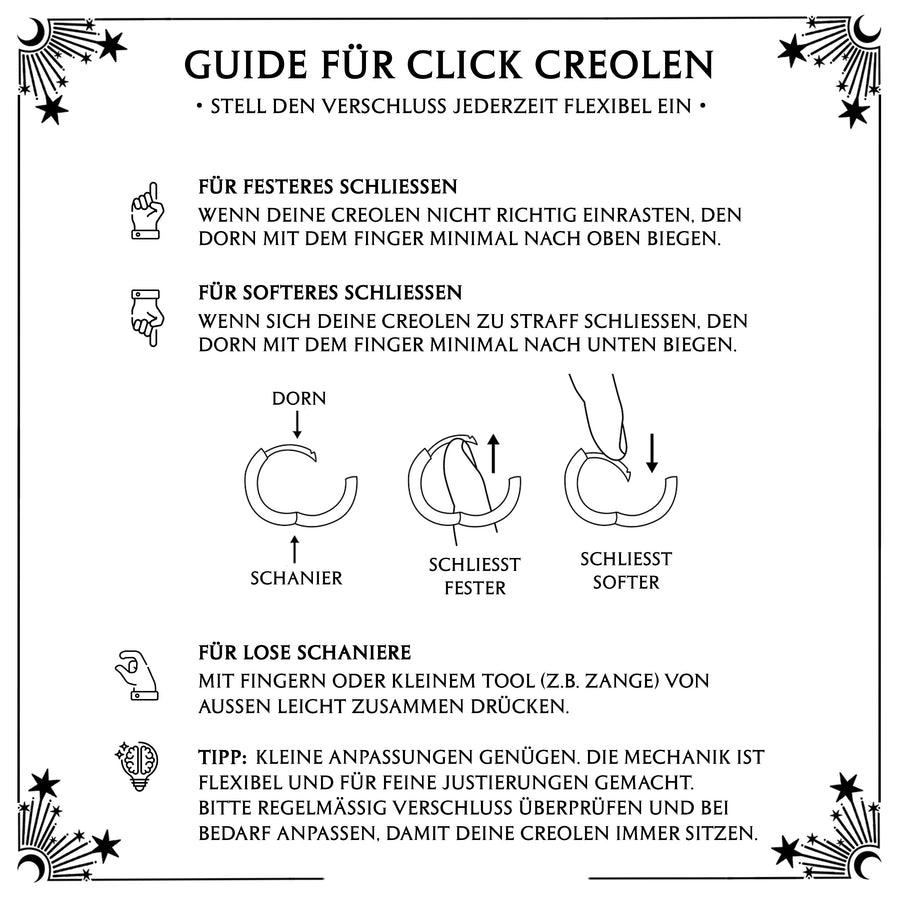 Guide für Click Creolen – Tipps zur Handhabung und Pflege von Creolen mit Click-Verschluss, alternativer und Gothic Schmuck von Pour la Rebelle.