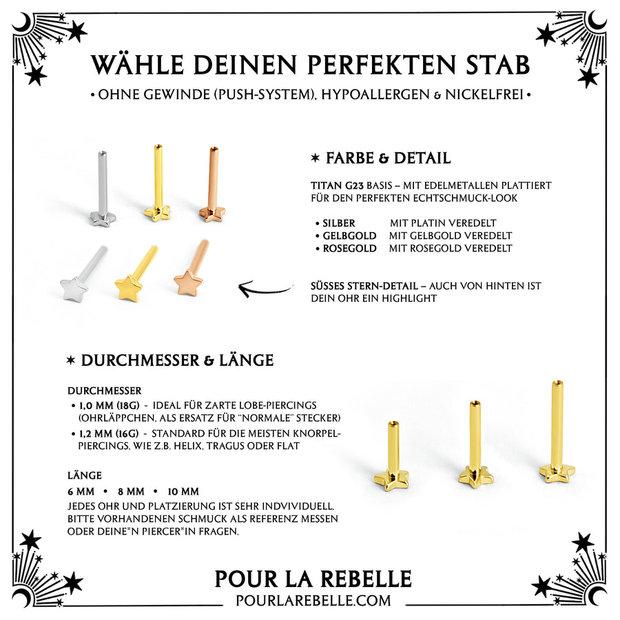 Guide für Flatback Threadless Piercing Stecker – Anleitung für Handhabung und Pflege, alternativer und Gothic Piercing Schmuck von Pour la Rebelle.
