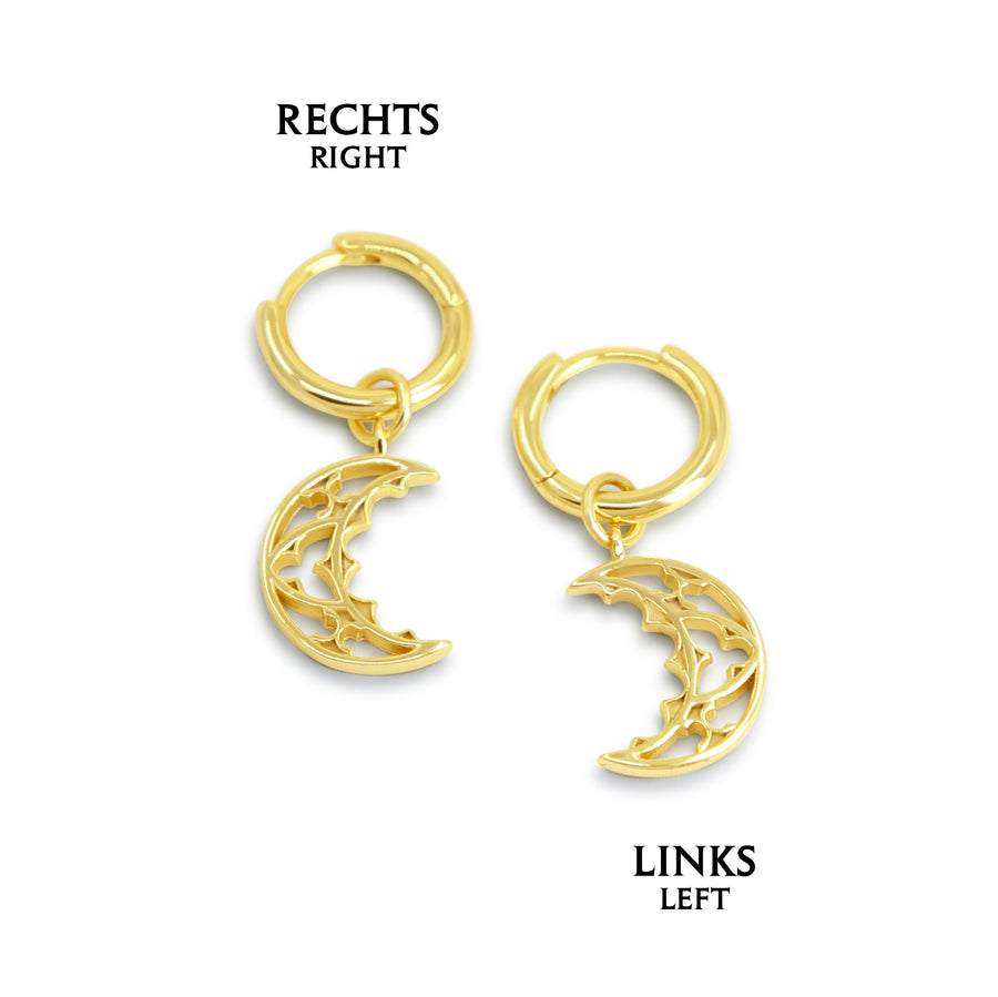Gothic Kathedralen Mond Ohrringe aus vergoldetem 925 Silber, alternativer und mystischer Schmuck, detailreiche goldene Ohrringe mit Kathedralen-Mond-Design für Damen von Pour la Rebelle.
