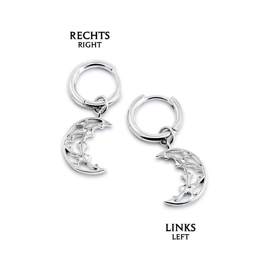 Gothic Kathedralen Mond Ohrringe aus 925 Silber, alternativer und mystischer Schmuck, detailreiche silbernen Ohrringe mit Kathedralen-Mond-Design für Damen von Pour la Rebelle.
