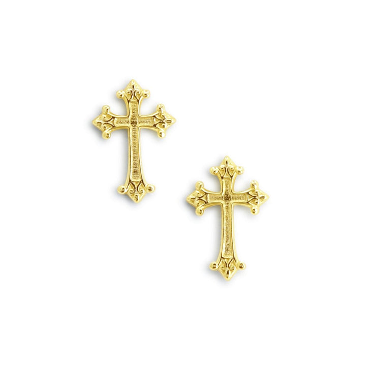 Gothic Kreuz Ohrstecker aus vergoldetem 925 Silber, alternativer und mystischer Schmuck, kleine goldene Kreuz-Ohrringe im düsteren Gothic-Design für Damen von Pour la Rebelle.
