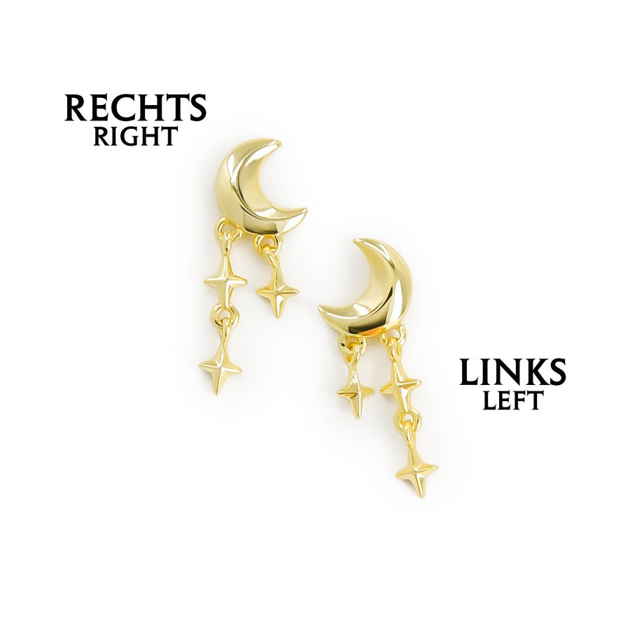Hängende Mond Stern Ohrstecker aus vergoldetem 925 Silber, alternativer und Gothic Schmuck, mystische goldene Ohrringe mit Mond- und Stern-Design für Damen von Pour la Rebelle.