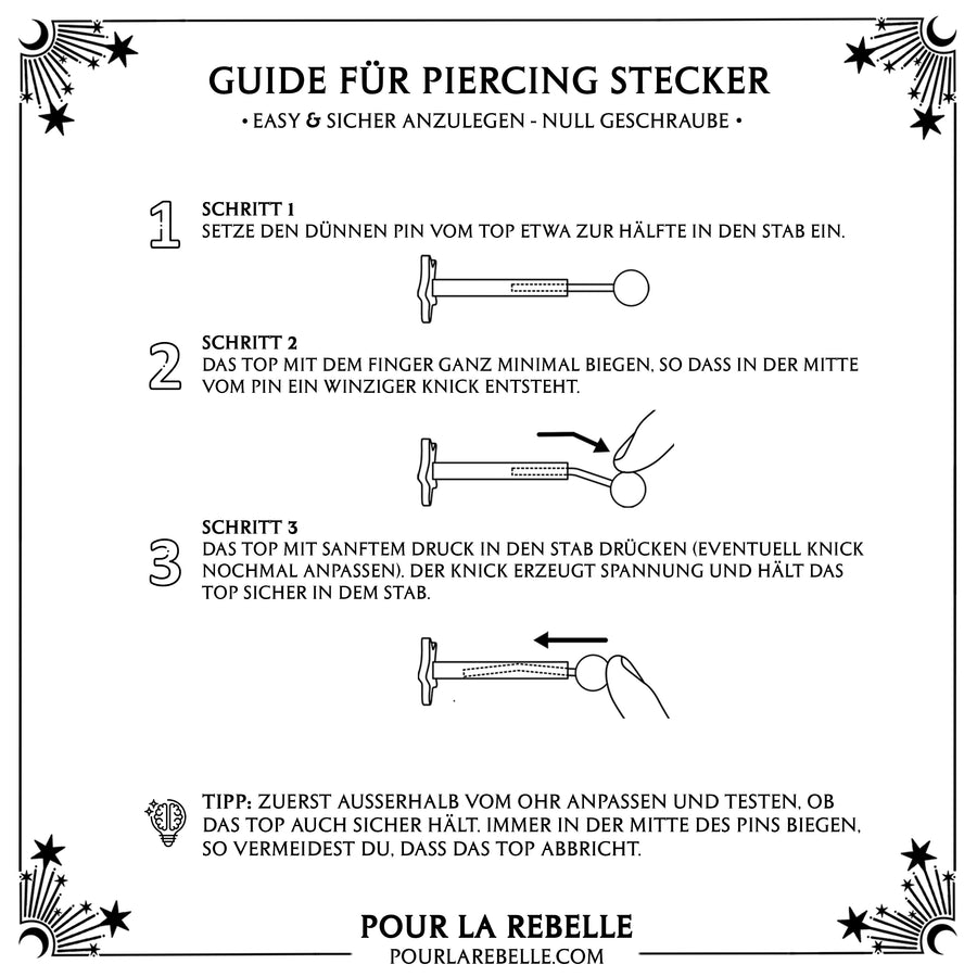 Guide für Flatback Threadless Piercing Stecker – Anleitung für Handhabung und Pflege, alternativer und Gothic Piercing Schmuck von Pour la Rebelle.